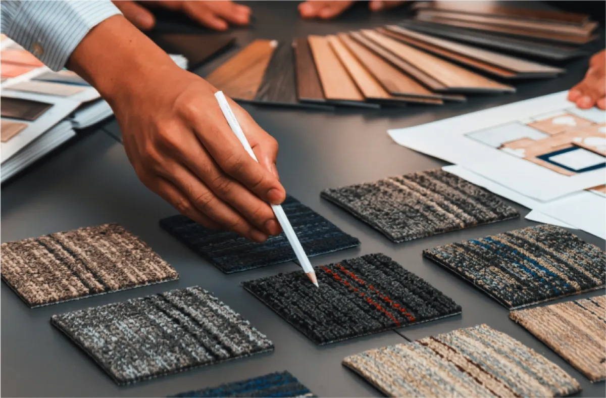 Laminate and tile samples laid out for selection