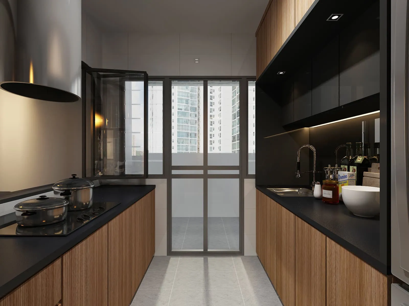 Galley kitchen with timber cabinets and white walls