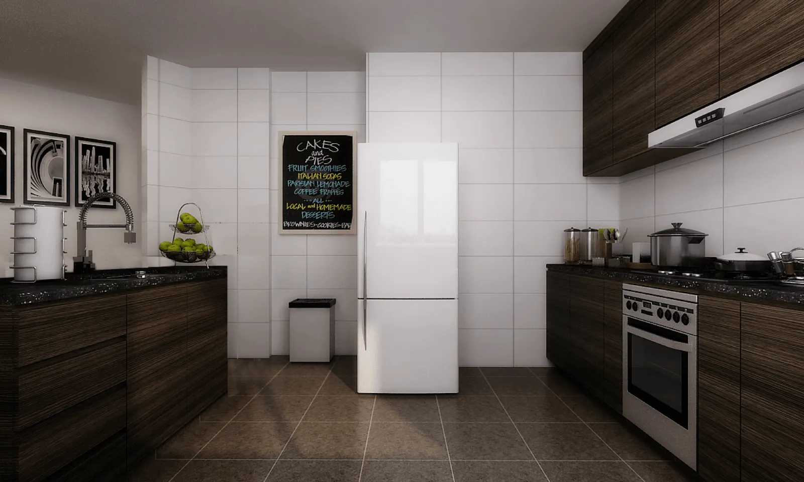 White kitchen with black countertop and open shelving