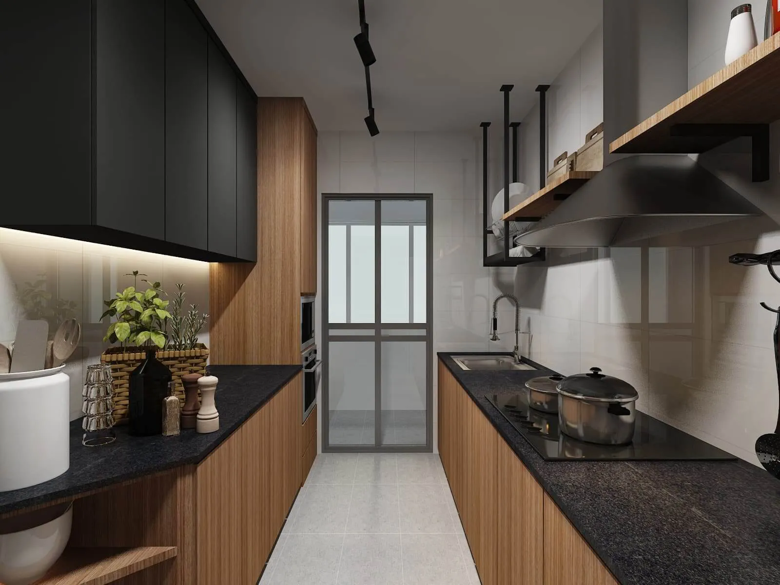Renovated kitchen with dark laminate cabinets, black worktop and glass sliding door