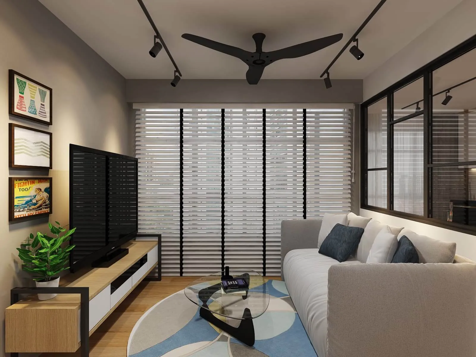 Sunlit living room with timber feature wall, grey sofa and blinds