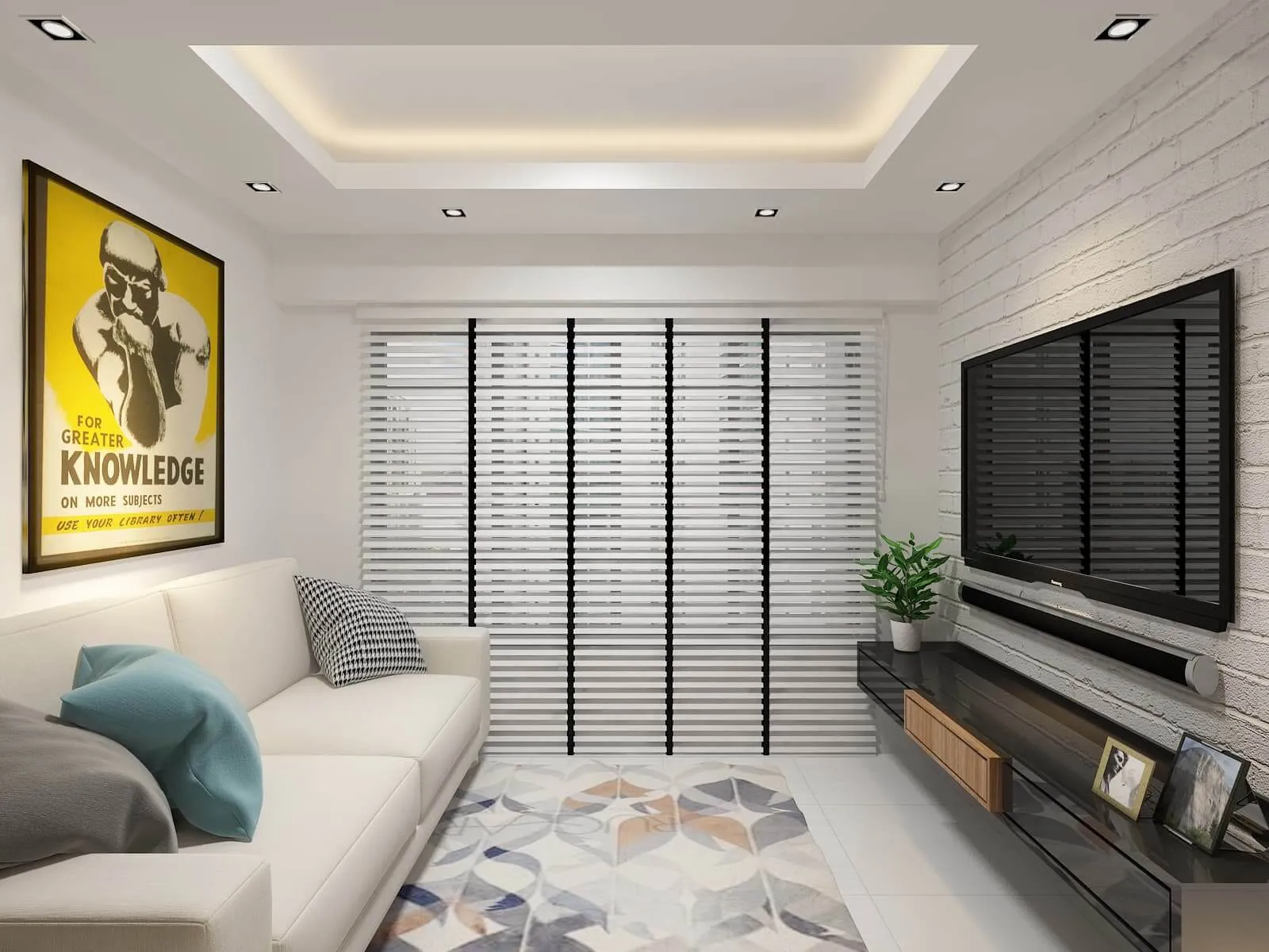 Living room with white feature wall, timber TV console and poster art
