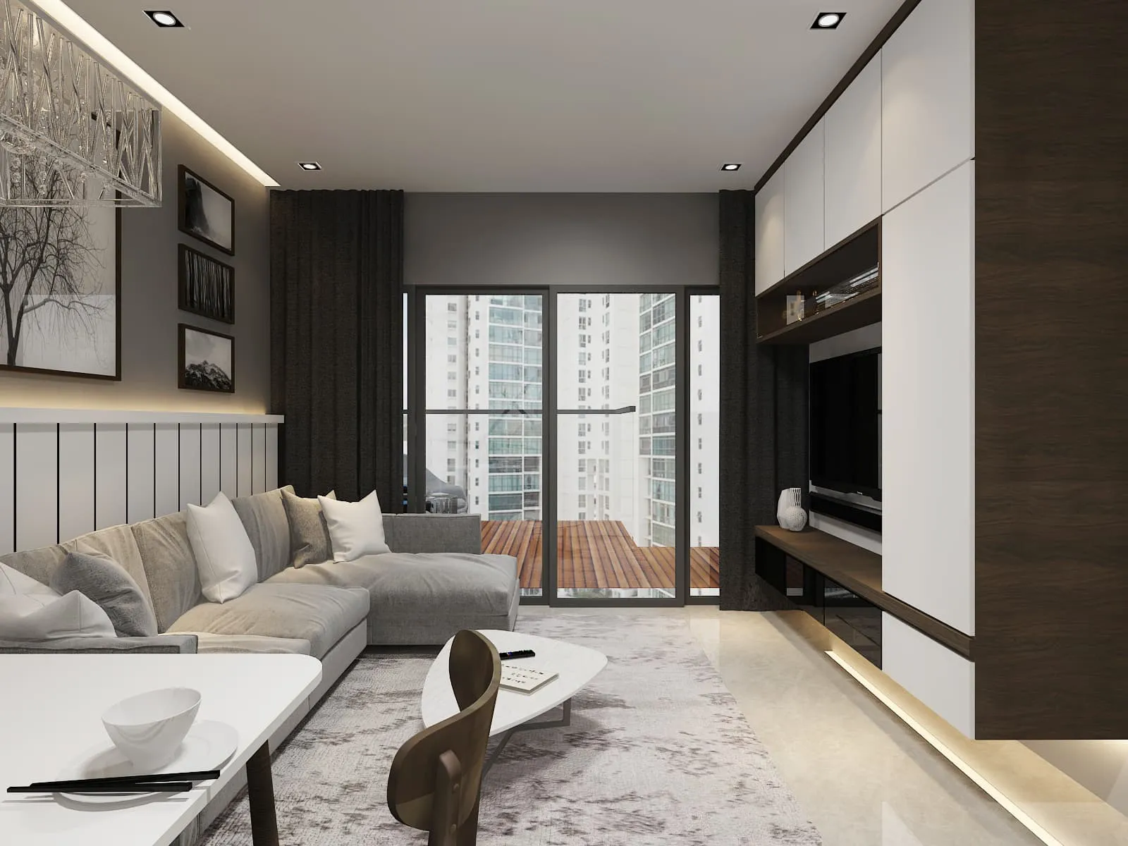 Condominium living room with full-height windows, grey sofa and built-in TV console
