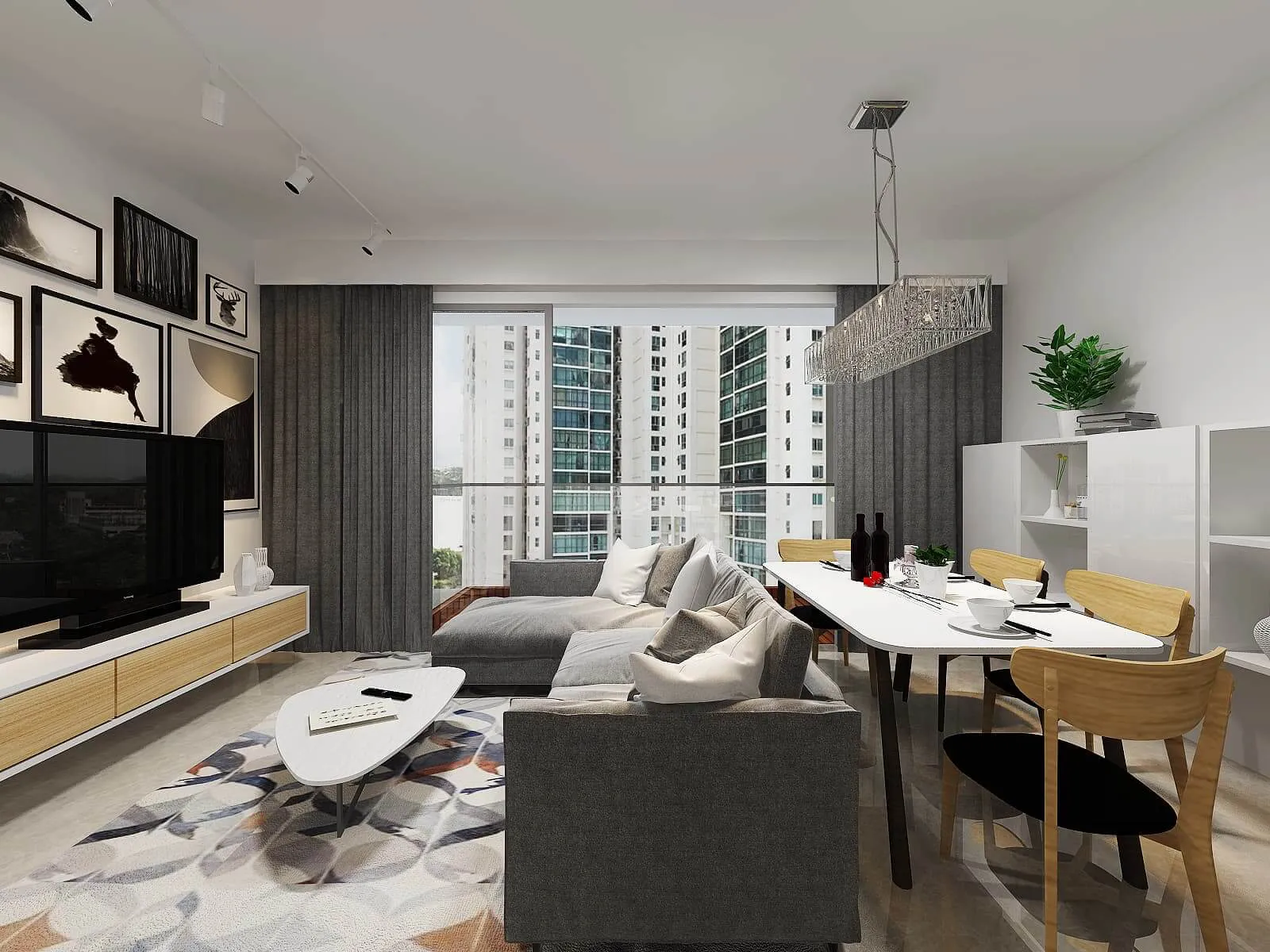 Renovated HDB resale flat living and dining area with warm timber carpentry