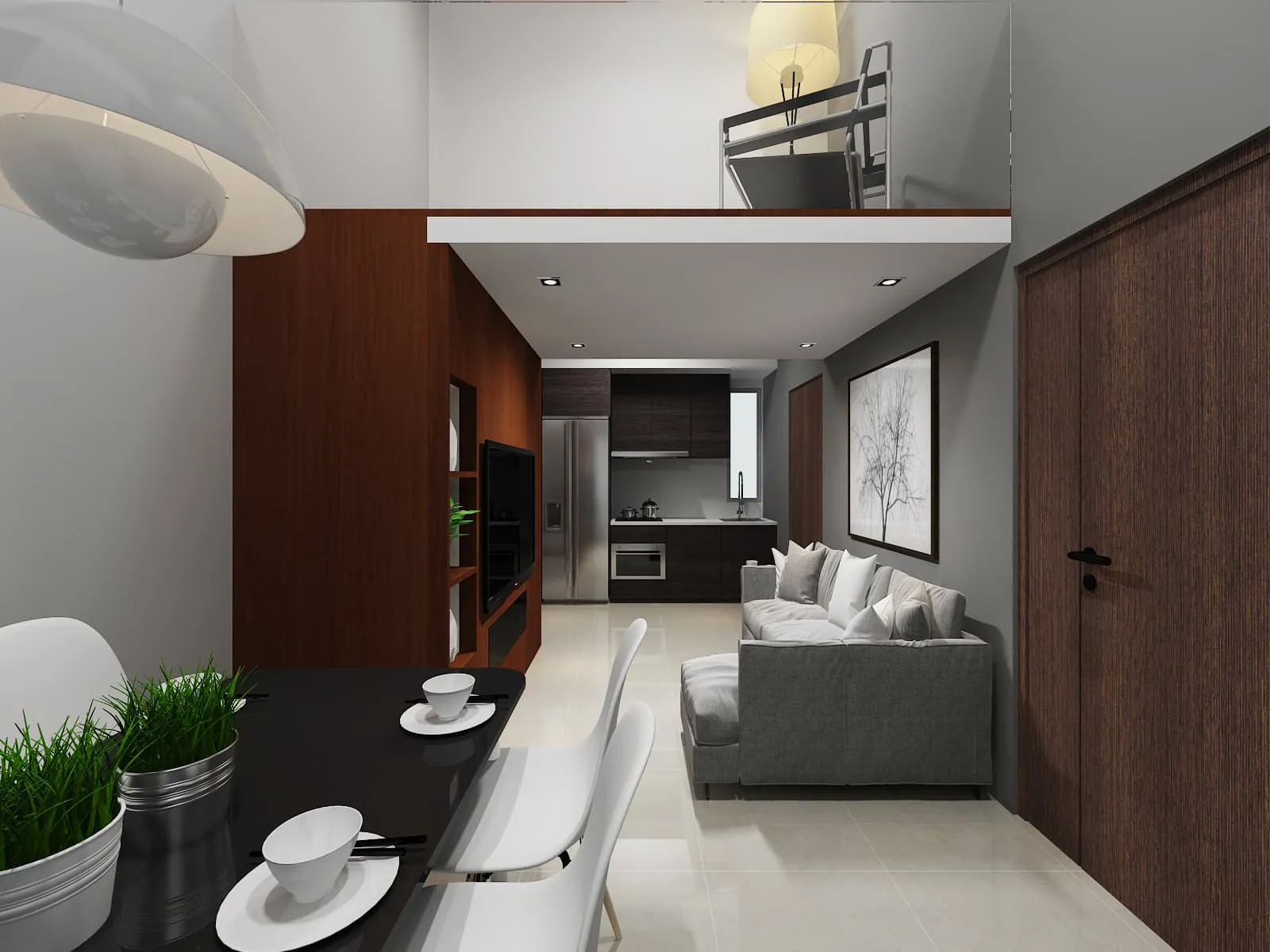 Living room with dark timber feature wall and grey sofa