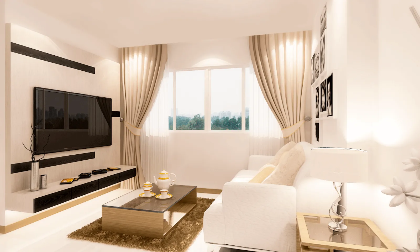 Bright white living room with curtains and TV console