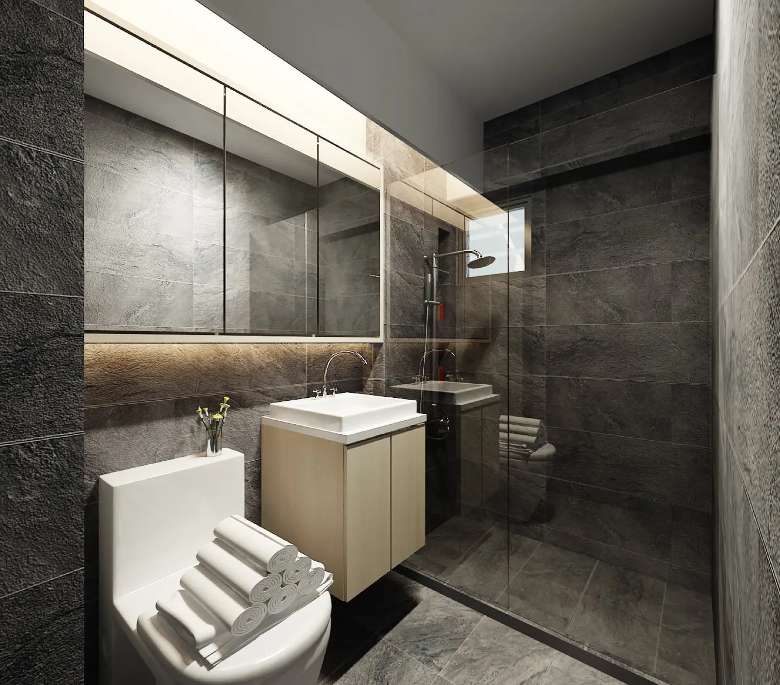 Bathroom with dark stone tiles and timber vanity