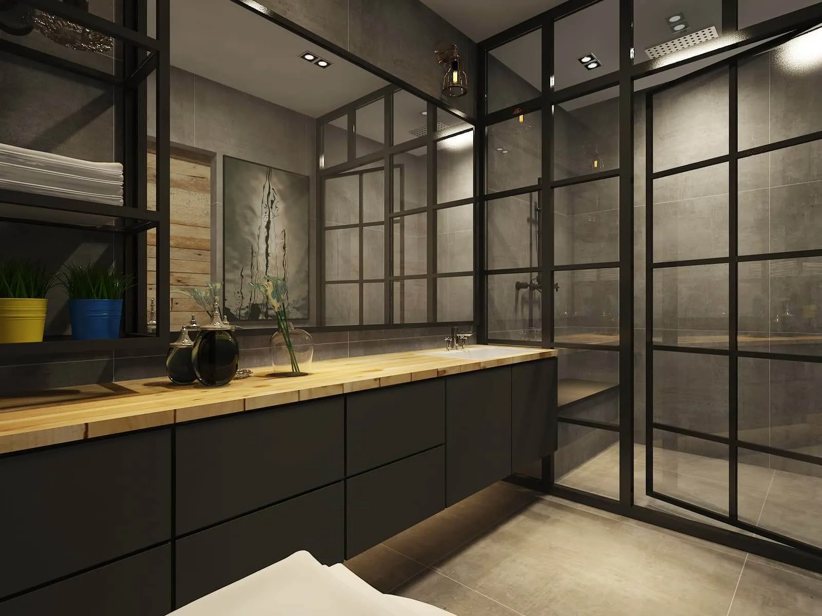 Bathroom with black frame glass shower screen